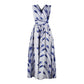 Blue-and-white feather-print sleeveless maxi dress, belted waist with flared skirt
