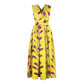 Yellow feather-print sleeveless V-neck dress with gathered waist and full skirt