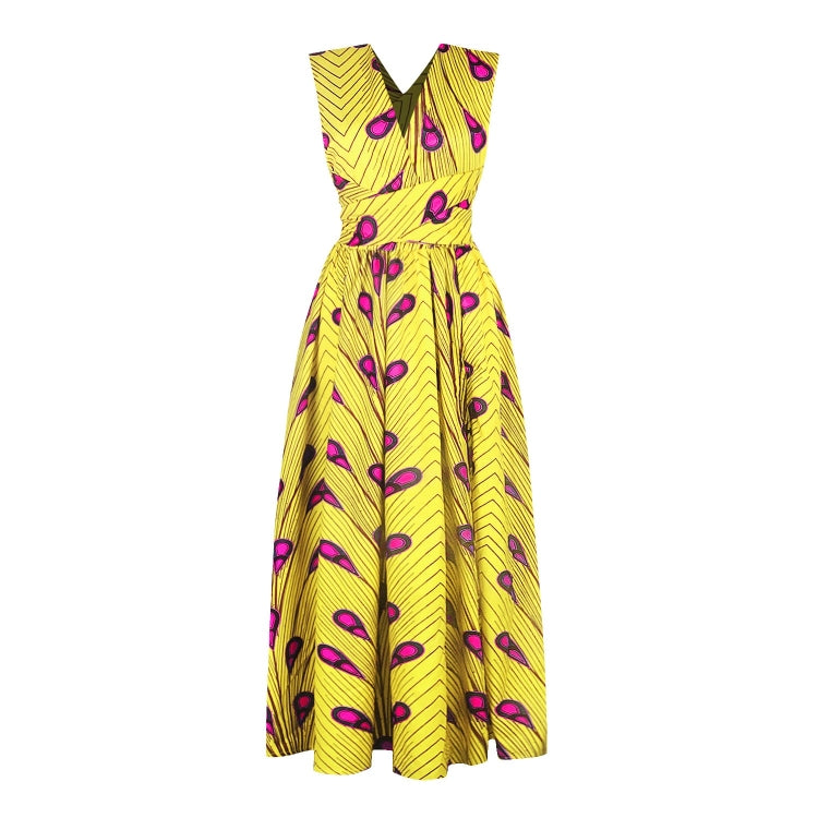 Yellow feather-print sleeveless V-neck dress with gathered waist and full skirt