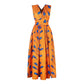 Orange feather-print sleeveless V-neck dress with gathered waist and full skirt