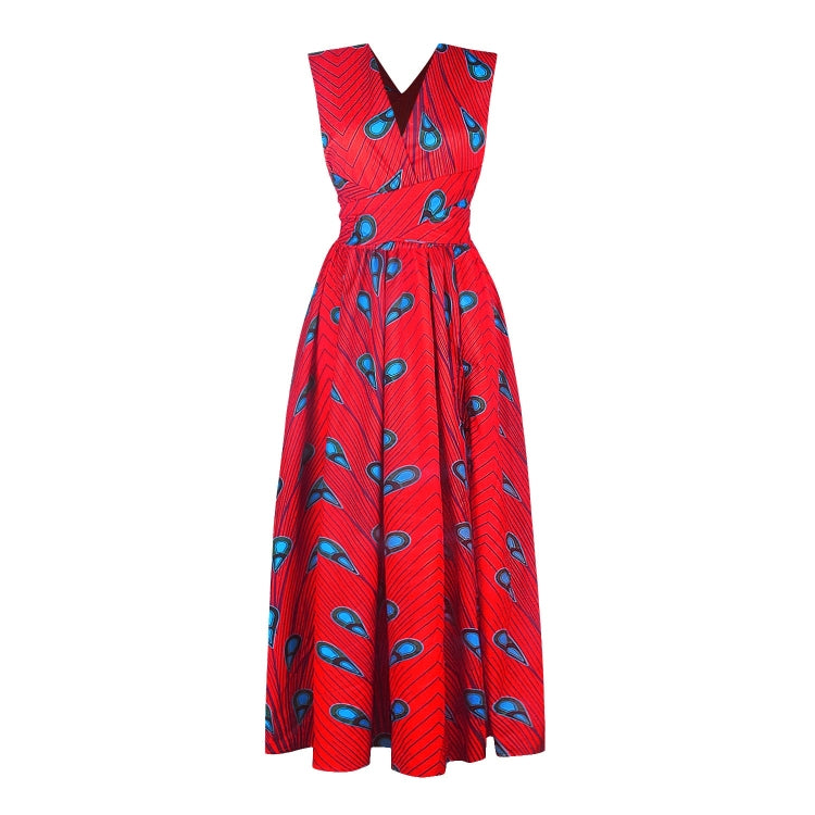 Red feather-print sleeveless V-neck dress with gathered waist and full skirt