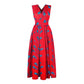 Red feather-print sleeveless V-neck dress with ruched waist and wide flared skirt