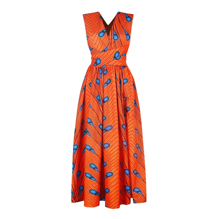 Orange sleeveless midi dress with blue feather pattern, V-neck, fitted waist