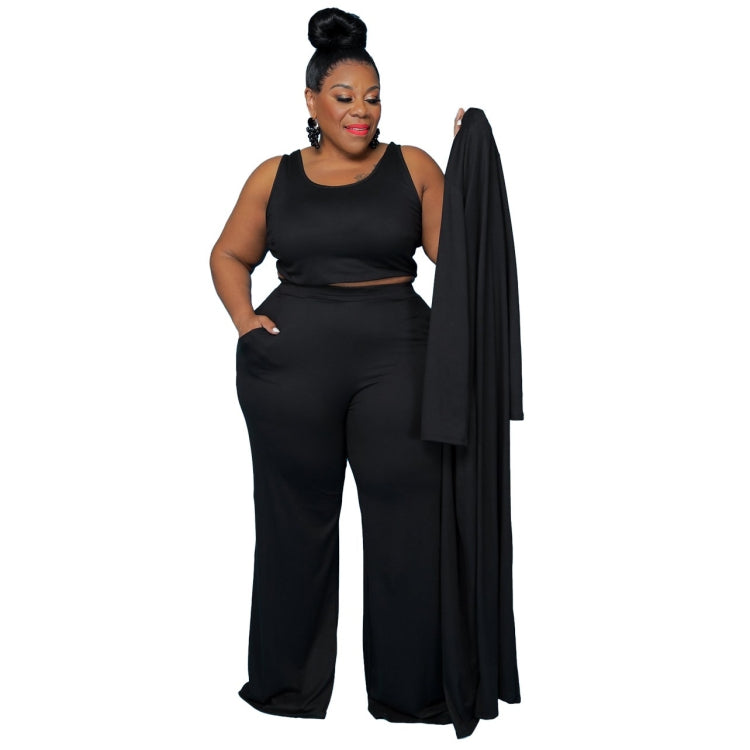 Black three-piece lounge set with open duster over cropped tank and wide-leg pants