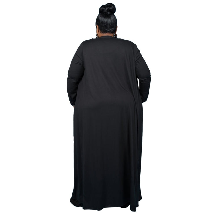Back view of black three-piece lounge set: long duster, cropped tank, wide-leg pants