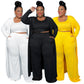 Three-piece lounge sets in white, black, and yellow: duster, cropped tank, wide-leg pants