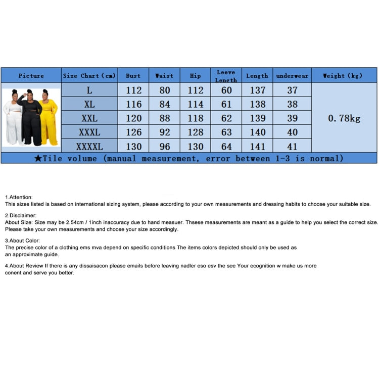 Size chart graphic for the three-piece lounge set with bust, hip, and length