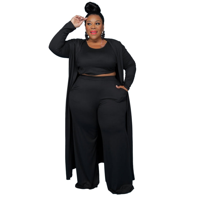 Black three-piece lounge set: long duster with cropped tank and wide-leg pants