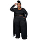 Black three-piece lounge set: cropped top, wide-leg pants, and long open cardigan