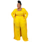 Yellow three-piece lounge set: open duster, cropped tank, wide-leg pants