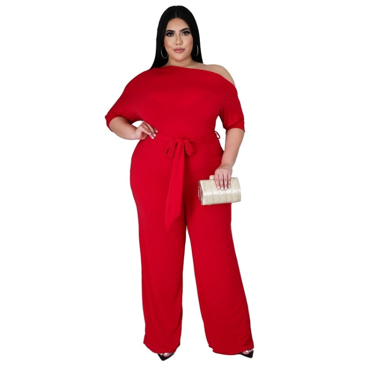 Red off-shoulder jumpsuit with bow-tie drawstring waist and wide-leg pants