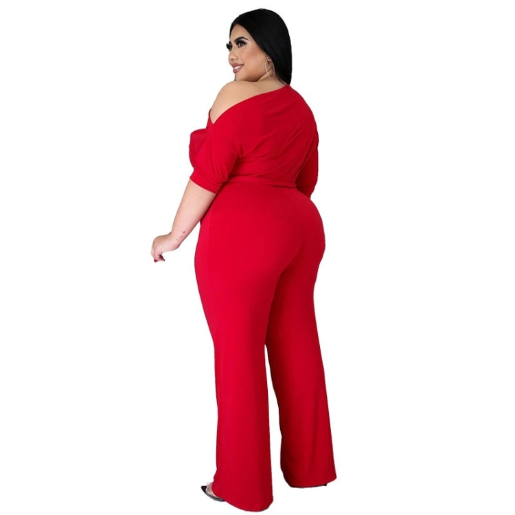 Red off-shoulder jumpsuit with bow-tie drawstring waist and wide-leg pants, side view