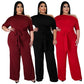 Set of three solid jumpsuits: wine red, black, and red off-shoulder wide-leg styles