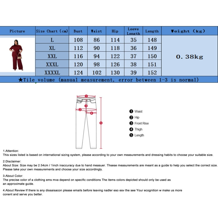 Jumpsuit size chart table with bust, waist, hip, and length measurements