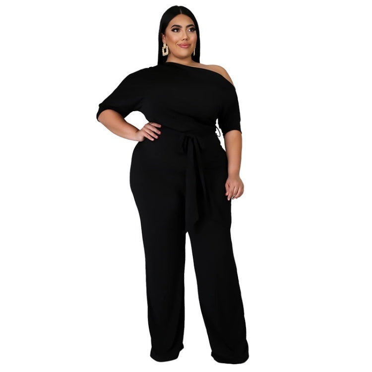 Black solid off-shoulder jumpsuit with tie waist and wide-leg pants, short sleeves