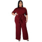 Wine red solid off-shoulder jumpsuit with tie waist and wide-leg pants