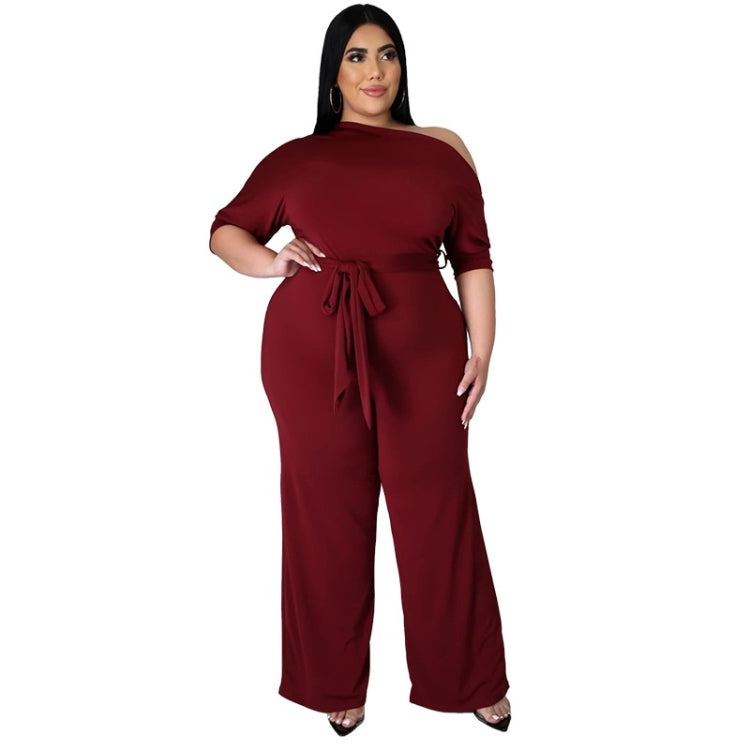 Wine red off-shoulder jumpsuit with tie waist and wide-leg pants, three-quarter sleeves