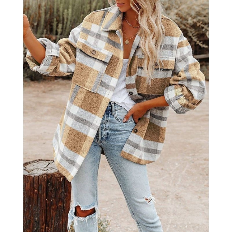 Plaid flannel shirt jacket with flap pockets and collar, tan, white, and gray check