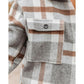 Plaid flannel shirt jacket chest pocket with button, tan and gray check pattern