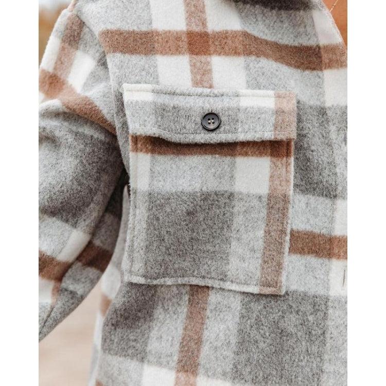 Plaid flannel shirt jacket chest pocket with button, tan and gray check pattern