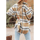 Plaid flannel shirt jacket with flap pockets, tan, white, and gray check, side view