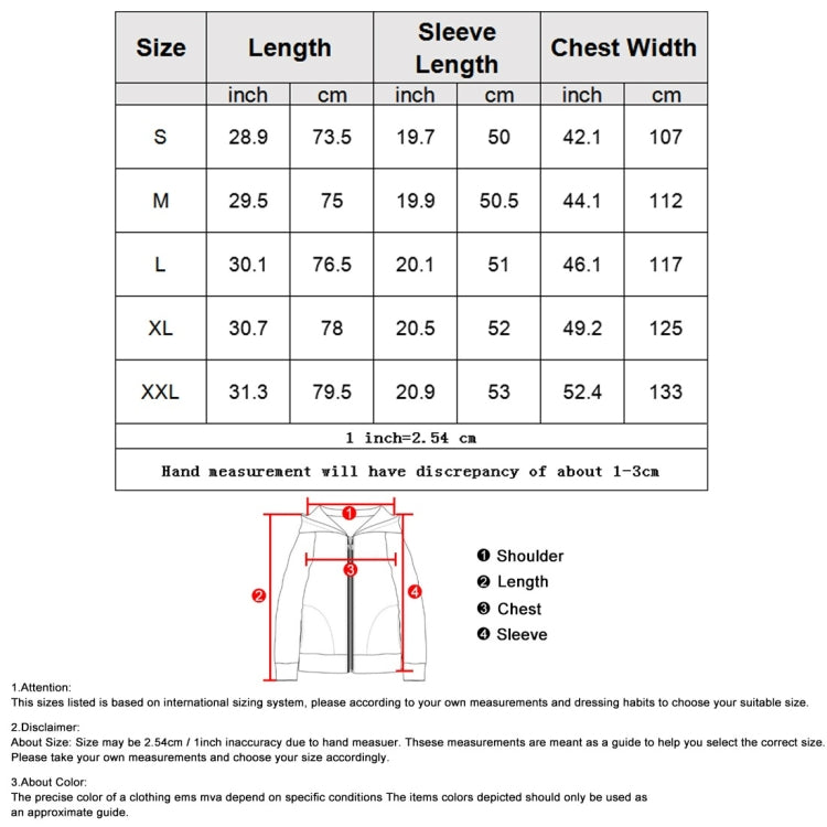 Size chart table showing length, sleeve length, and chest width by size S–XXL