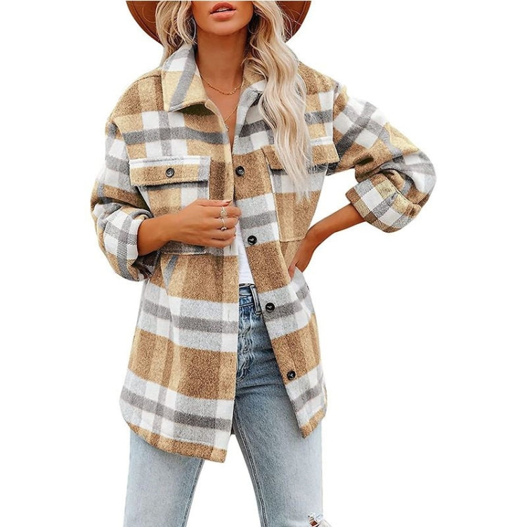 Women’s plaid flannel shirt jacket with collar and button placket, tan and white check
