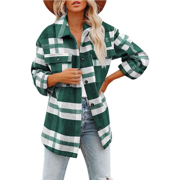 Green and white plaid flannel shirt jacket, button-up front, long sleeves, two chest pockets