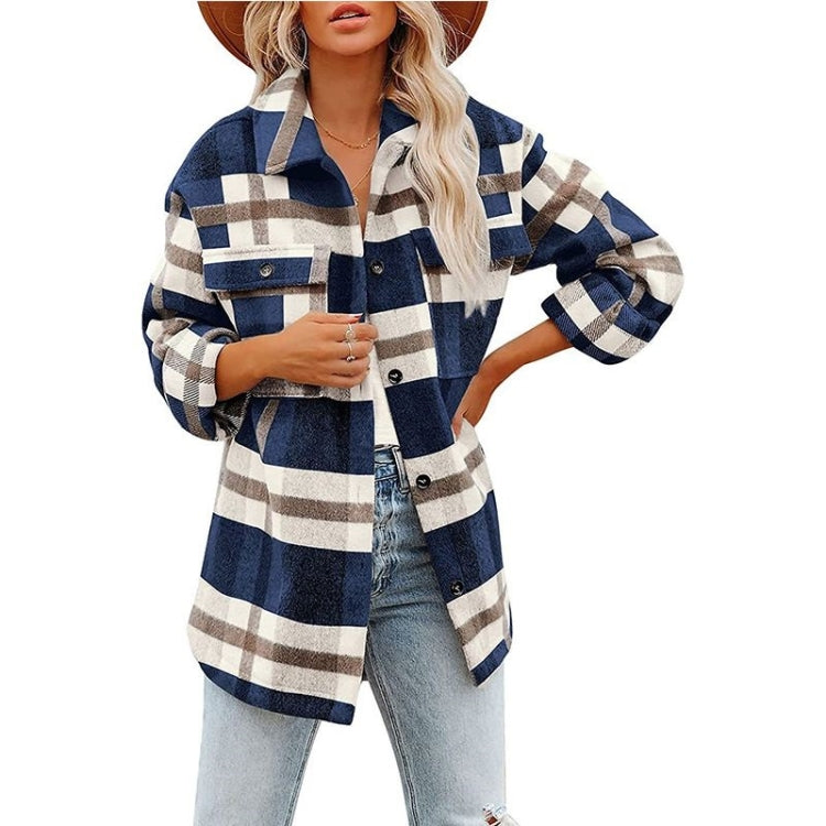 Navy and cream plaid flannel shirt jacket with lapel collar, buttons, long sleeves, two pockets