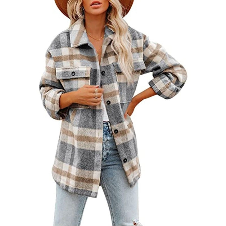 Women's tan plaid flannel overshirt with long sleeves, button front and chest pockets