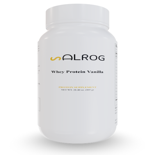 Whey protein powder tub, vanilla flavor, white ALROG label