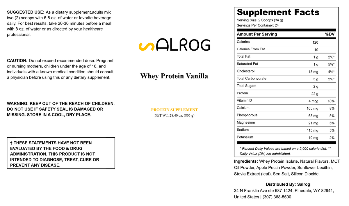 Supplement Facts panel for ALROG whey protein vanilla powder